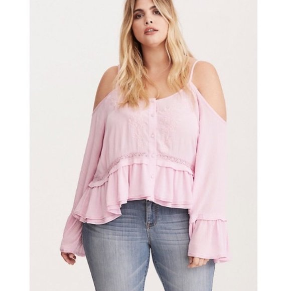 torrid Tops - TORRID INSIDER EMBROIDERED GAUZE COLD SHOULDER RUF